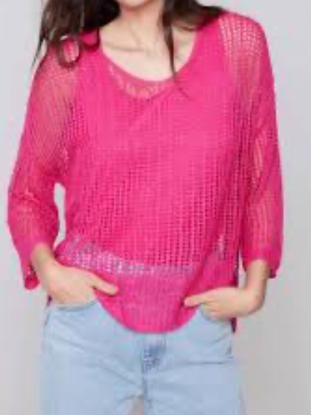 CHARLIE B Bright Fuchsia Open-Knit V-Neck Sweater
